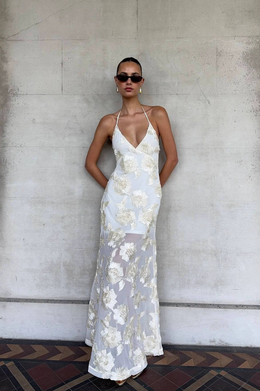 Floral Applique Halter Sheer Hem Maxi Dress