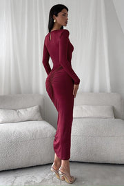 Round Neck Ruched Long Sleeve Maxi Dress