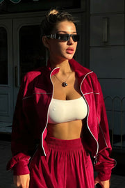 Athletic Velvet Collar Zipper Long Sleeve Two Piece Set