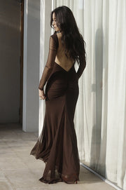 Sheer Mesh Open Back Long Sleeve Maxi Dress