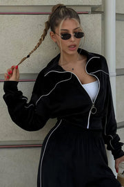 Athletic Velvet Collar Zipper Long Sleeve Two Piece Set