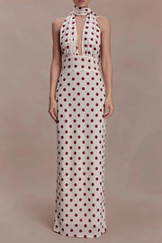 Polka Dot Deep V Tie Bodycon Maxi Dress