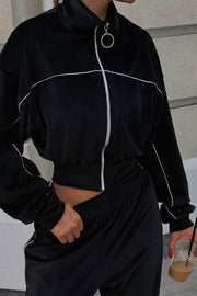 Athletic Velvet Collar Zipper Long Sleeve Two Piece Set