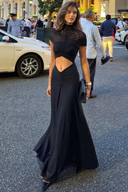 Elegant Chic Solid Mock Neck Cape Sleeve Ruched Maxi Dress