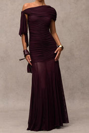 One Shoulder Ruched Mesh Maxi Dress