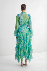 Mint Green Abstract Print Tiered Ruffle Maxi Dress