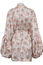 Satin Floral Print Puff Tie A Line Mini Dress
