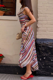 Striped Cowl Neck Asymmetric Midi Dress