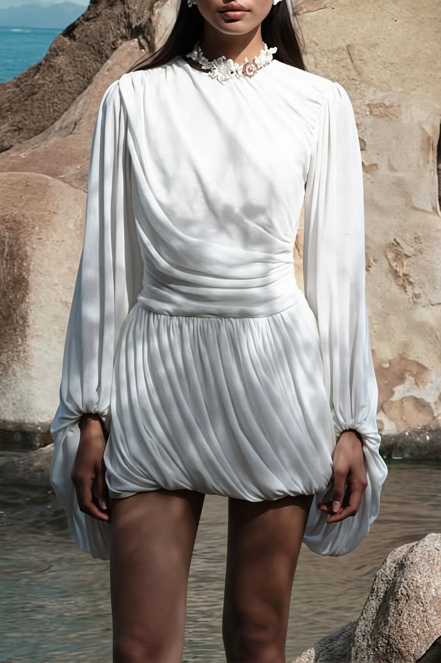 Casual Pleated Long Sleeve Mini Dress