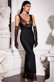 Lace V-Neck Sleeveless Patchwork Fitted Maxi Dress