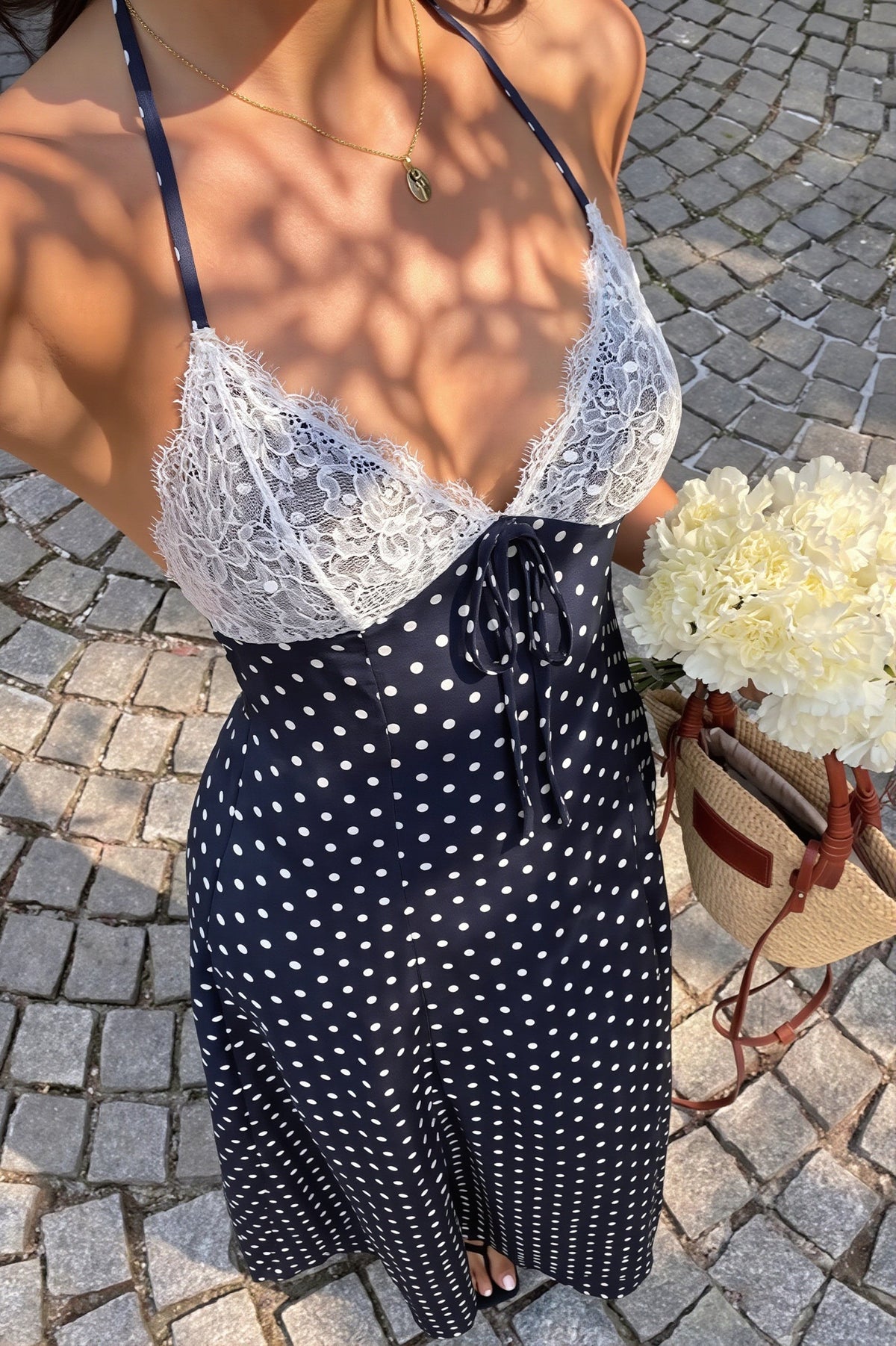 Elegant Polka Dot Halter Lace Spliced Back Tie Slimming Maxi Dress