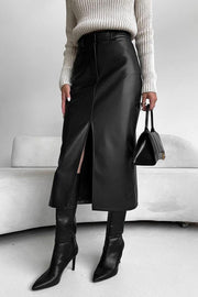 Faux-Leather Front-Slit Skirt