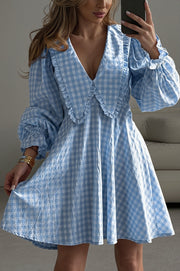 Plaid Bow Collar Ruffle Sleeve Mini Dress