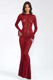 Red Leopard Print Crew Neck Backless Mermaid Maxi Dress
