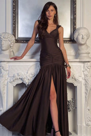 Deep V Neck Ruched High Slit Maxi Dress
