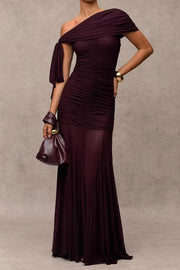 One Shoulder Ruched Mesh Maxi Dress