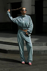 Athletic Velvet Collar Zipper Long Sleeve Two Piece Set