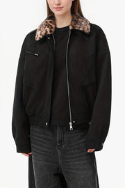 Leopard Fur Collar Barn Jacket
