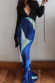 V-Neck Patchwork Fitted Printed Maxi Maxi Dress