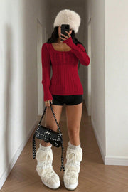 Cable Knit Square Neck Button Detail Sweater