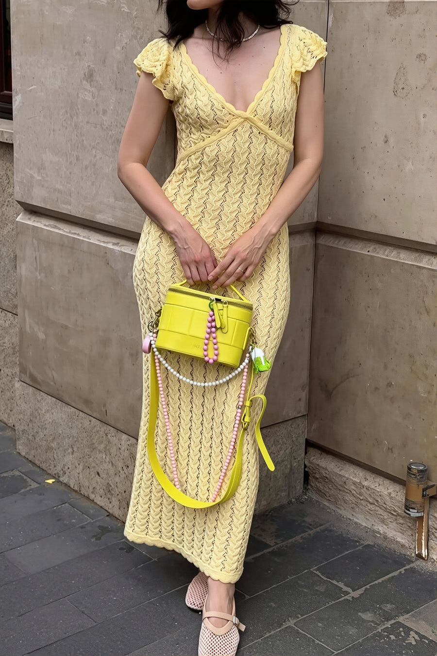 Knit V-Neck Backless Ruffle Maxi Dress