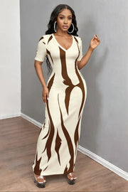 Elegant Daily Commute Printed Short Sleeve V Neck Slim Maxi Dress
