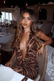 Leopard Sequin Plunging Halter Maxi Dress