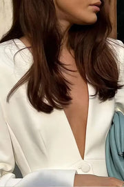 White Deep V-neck Blazer Pants Office Two Piece Set