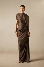 Melina Asymmetric Sleeve Drape Maxi Dress