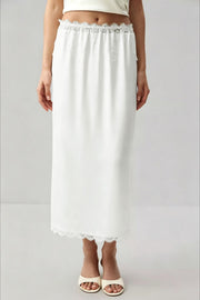 Lace-Trim Satin Pink Midi Skirt