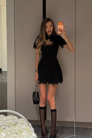 Lace Waist-Defined Solid Cutout A-Line Mini Dress