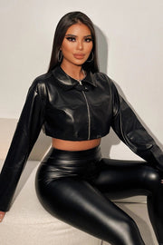 Puff-Sleeve Cropped Faux-Leather Jacket