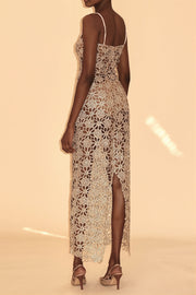 Solid Full Lace Cutout Split Cami Maxi Dress
