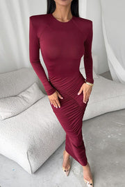 Round Neck Ruched Long Sleeve Maxi Dress