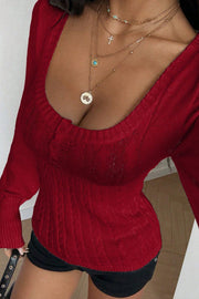 Cable Knit Square Neck Button Detail Sweater
