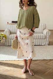Floral Print Satin A-Line Midi Skirt