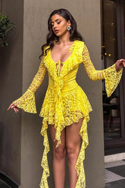 Solid Lace Splice Ruffle Mini Dress