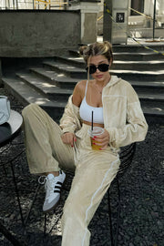 Athletic Velvet Collar Zipper Long Sleeve Two Piece Set