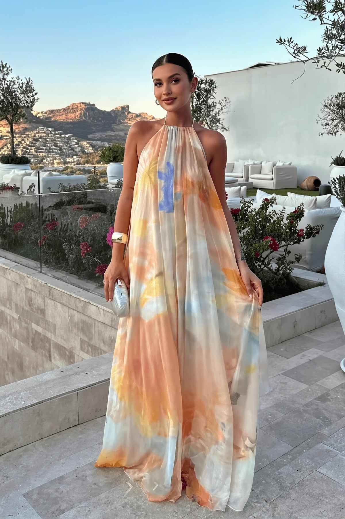Chiffon Printed Halter Backless Maxi Dress