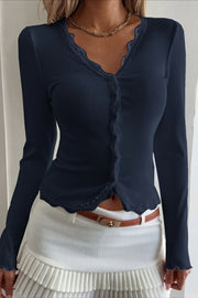 Lace Trim Ribbed V Neck Cardigan