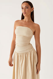 Strapless Ruched Drop-Waist Maxi Dress