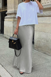 Drawstring Satin Gray Maxi Skirt