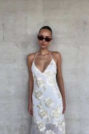 Floral Applique Halter Sheer Hem Maxi Dress