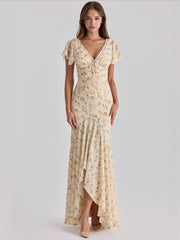 Floral Printed V-Neck Bodycon Maxi Dress