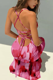 Watercolor Print Lace Up Fishtail Maxi Dress
