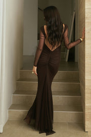 Sheer Mesh Open Back Long Sleeve Maxi Dress