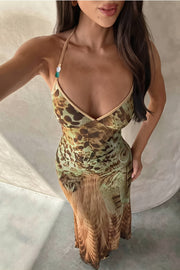 Printed V Neck Cami Slim Bodycon Maxi Dress