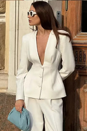 White Deep V-neck Blazer Pants Office Two Piece Set