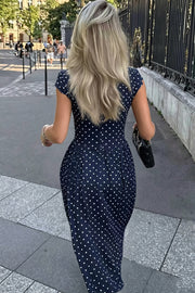 Polka Dot Cap Sleeve A-Line Maxi Dress