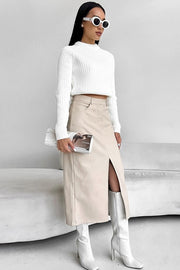 Faux-Leather Front-Slit Skirt